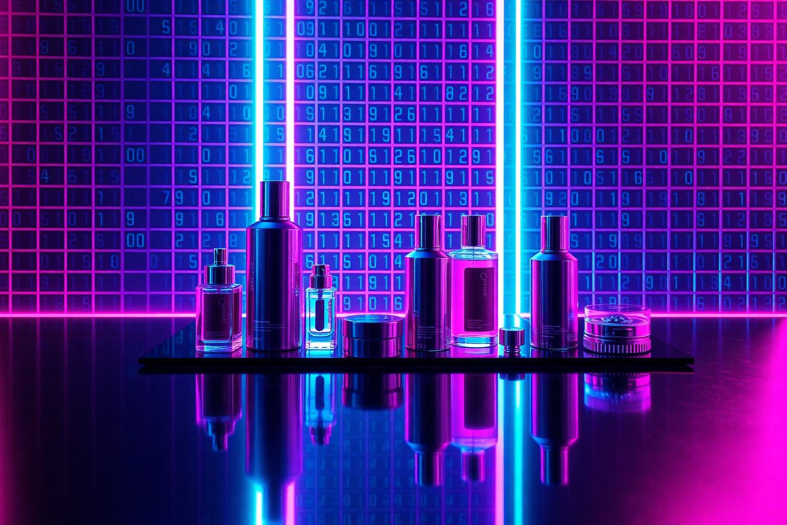 Product lineup lit with neon in a data-grid studio